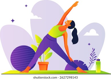 Illustration of a woman doing yoga with a colorful flat design concept that takes a sports theme