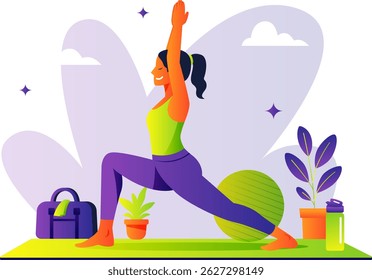 Illustration of a woman doing yoga with a colorful flat design concept that takes a sports theme