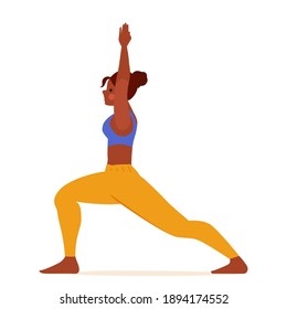 Illustration of woman doing yoga. Crescent Lunge. Cartoon gorl character, vector