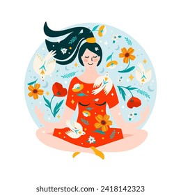 Illustration with woman doing yoga, flowers and birds. Vector design concept for International Women s Day and other use