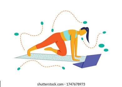 Illustration of a woman doing yoga in front of a laptop. Flat style cartoon character with orange and green colors. The concept of activities carried out at home during free time