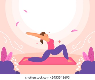 illustration of a woman doing yoga movements. warrior pose 1. international yoga day. doing activities and exercising in nature. improves flexibility and muscle strength, while correcting poor posture