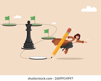 Illustration of a Woman Drawing Her Journey to Success with Pencil, Chess Strategy, and Achievement Flags.