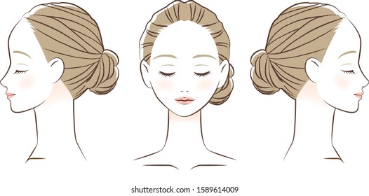 Illustration of woman drawn with lines. Profile with front and eyes closed.