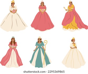 illustration of a woman in dress. Set of beautiful princesses in different dresses. Isolated vector illustration.