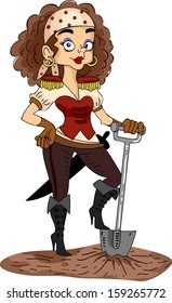 Illustration of a Woman Dressed as a Pirate Holding a Shovel Thrust into the Ground