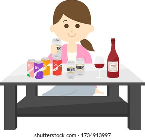 Illustration of a woman drinking alcohol at home.