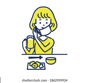 Illustration of a woman drinking beer while wearing a mask. Coronavirus infection prevention