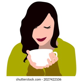illustration of a woman drinking coffee in a big cup with a green jacket