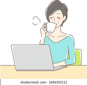 Illustration of a woman drinking coffee in front of a computer