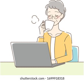 Illustration of a woman drinking coffee in front of a computer