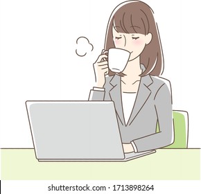 Illustration of a woman drinking coffee in front of a computer
