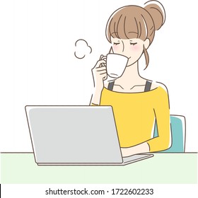 Illustration Of A Woman Drinking Coffee In Front Of A Computer