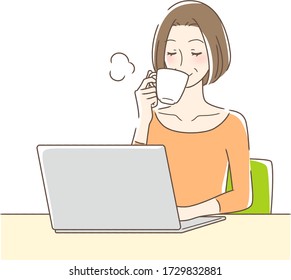 Illustration of a woman drinking coffee in front of a computer