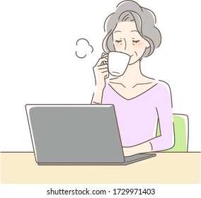 Illustration of a woman drinking coffee in front of a computer