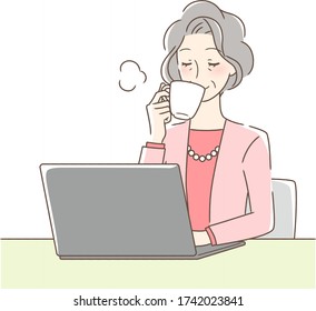 Illustration of a woman drinking coffee in front of a computer