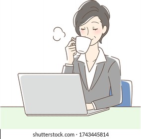 Illustration of a woman drinking coffee in front of a computer