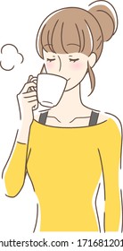 Illustration of a woman drinking coffee in a mug cup