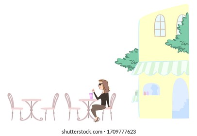 Illustration of a Woman Drinking Juice at a Cafe Table