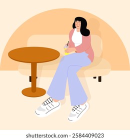 illustration of a woman drinking lemonade sitting on the couch, woman drinking beverage in cafe, flat style illustration vector