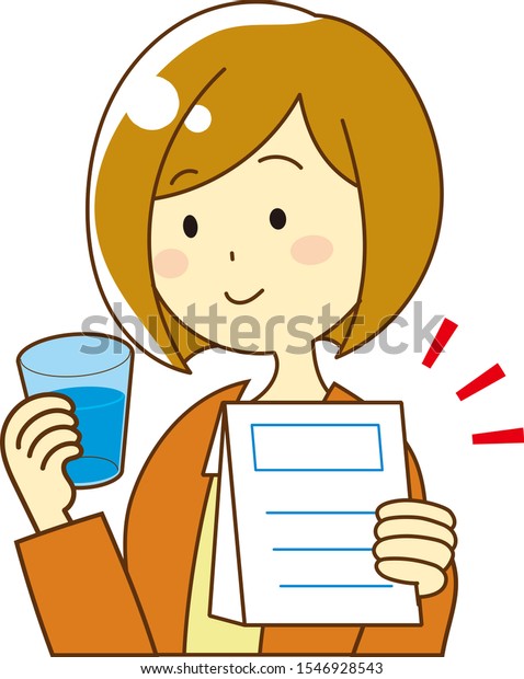 Illustration of a woman drinking medicine with water