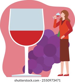 Ilustração de uma mulher bebendo vinho tinto