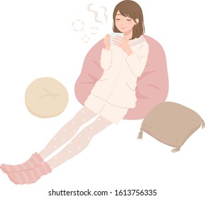 Illustration of a woman drinking tea in warm clothes
