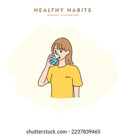 Illustration of a woman drinking water for a healthy habit