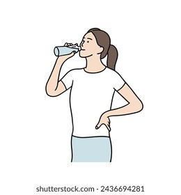 Ilustración de una mujer bebiendo agua para calmar su sed. Ilustración de estilo de dibujo a mano.