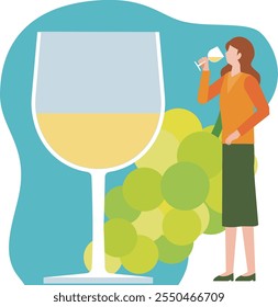 Ilustração de uma mulher bebendo vinho branco