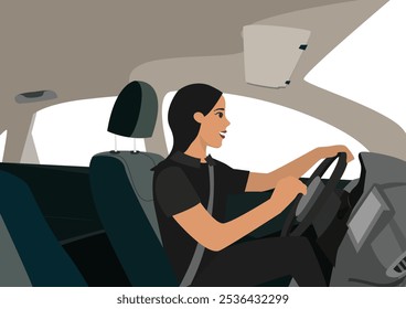 Ilustração de uma mulher dirigindo um carro, sorrindo enquanto segura o volante. Ela está usando um cinto de segurança, e o interior do carro é visível. Ilustração plana de vetor