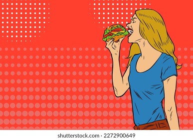 Illustration of a woman eating burger in retro comic pop art style.