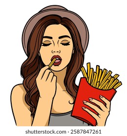 Illustration of a woman eating french fries, food advertising cartoon isolated on white background.