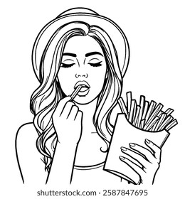 Illustration of a woman eating french fries, food advertising cartoon isolated on white background. Line art.