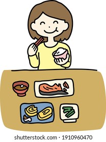 Illustration of a woman eating Japanese food with a smile