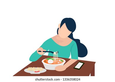 illustration woman eating meat ball indonesian food