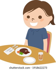 Illustration of a woman eating at a restaurant. Women are eating hamburger steak.