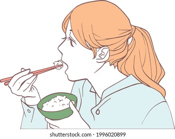 Illustration of a woman eating rice.