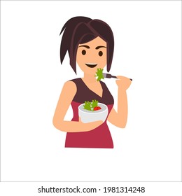 illustration of woman eating vegetables or salad for a healthy lifestyle