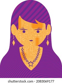 Illustration of a woman. An electronic substrate is drawn on her skin. Her hair and clothes are made of purple stripes. Created with vector data.