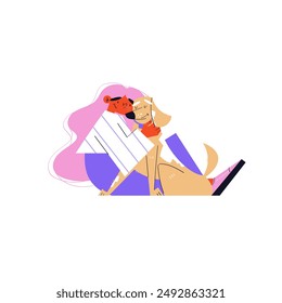 Illustration of a woman embracing her beloved dog, radiating warmth and companionship. A perfect representation of the deep bond between humans and pets