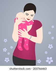 Illustration of woman embracing her newborn baby, vector