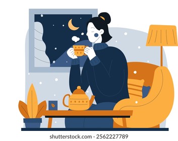 Illustration of a woman enjoying a cup of tea. Vector flat illustration design with winter theme