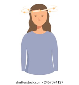 Illustration of a woman experiencing dizziness, vertigo, and imbalance due to a medical condition, depicted in a cartoon graphic