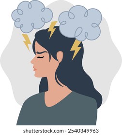 Ilustração de uma mulher experimentando estresse e ansiedade, retratada com nuvens e relâmpagos acima de sua cabeça, simbolizando tensão mental.