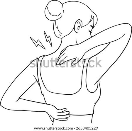 illustration of a woman experiencing upper back and neck pain, holding her painful areas. Lightning bolt symbols indicate discomfort. Ideal for depicting health issues, muscle strain.