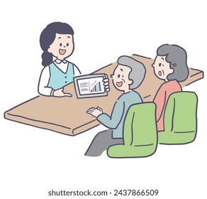 An illustration of a woman explaining to a senior couple