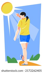 Illustration einer Frau, die der Sonne ausgesetzt ist. erstaunt. blauer Hintergrund, Sonne und Gras. geeignet für Sommerthema, Wetter, Natur, Morgen, etc. flache Vektorgrafik