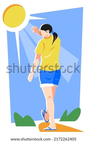 illustration of a woman exposed to the sun. dazzled. blue background, sun and grass. suitable for summer theme, weather, nature, morning, etc. flat vector [[stock_photo]] © 
