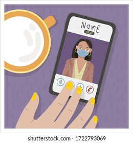 illustration of woman with face mask protection photos in social media or video call application on mobile phones. hand on phone of conference call with ethnic females on the table and drink.